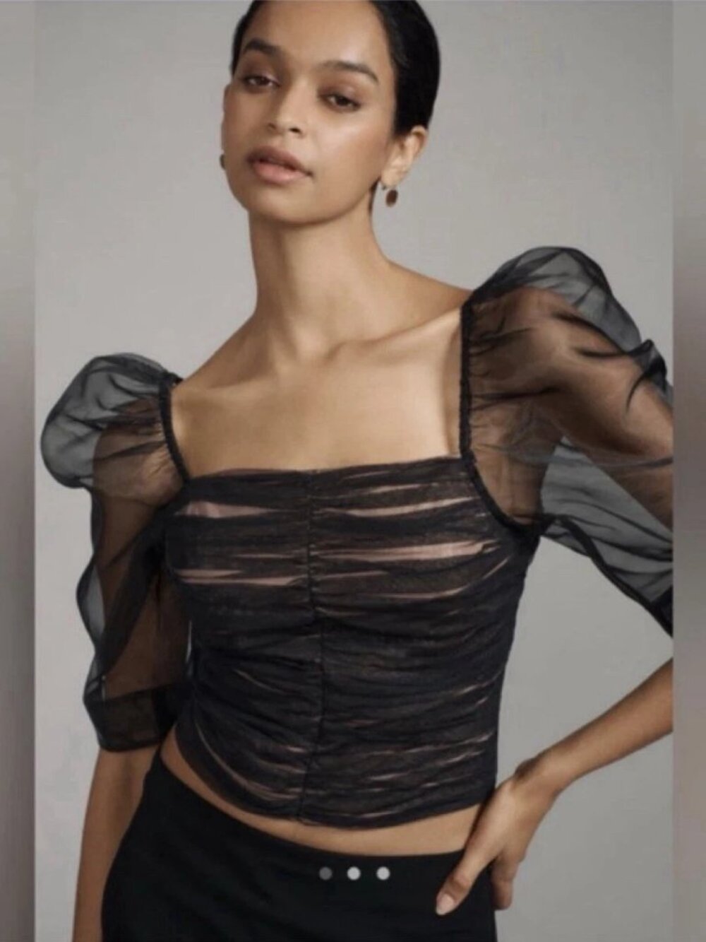 NWT! Maeve Anthropologie Black Organza Sheer Puff Sleeve Ruched Top Size XS
